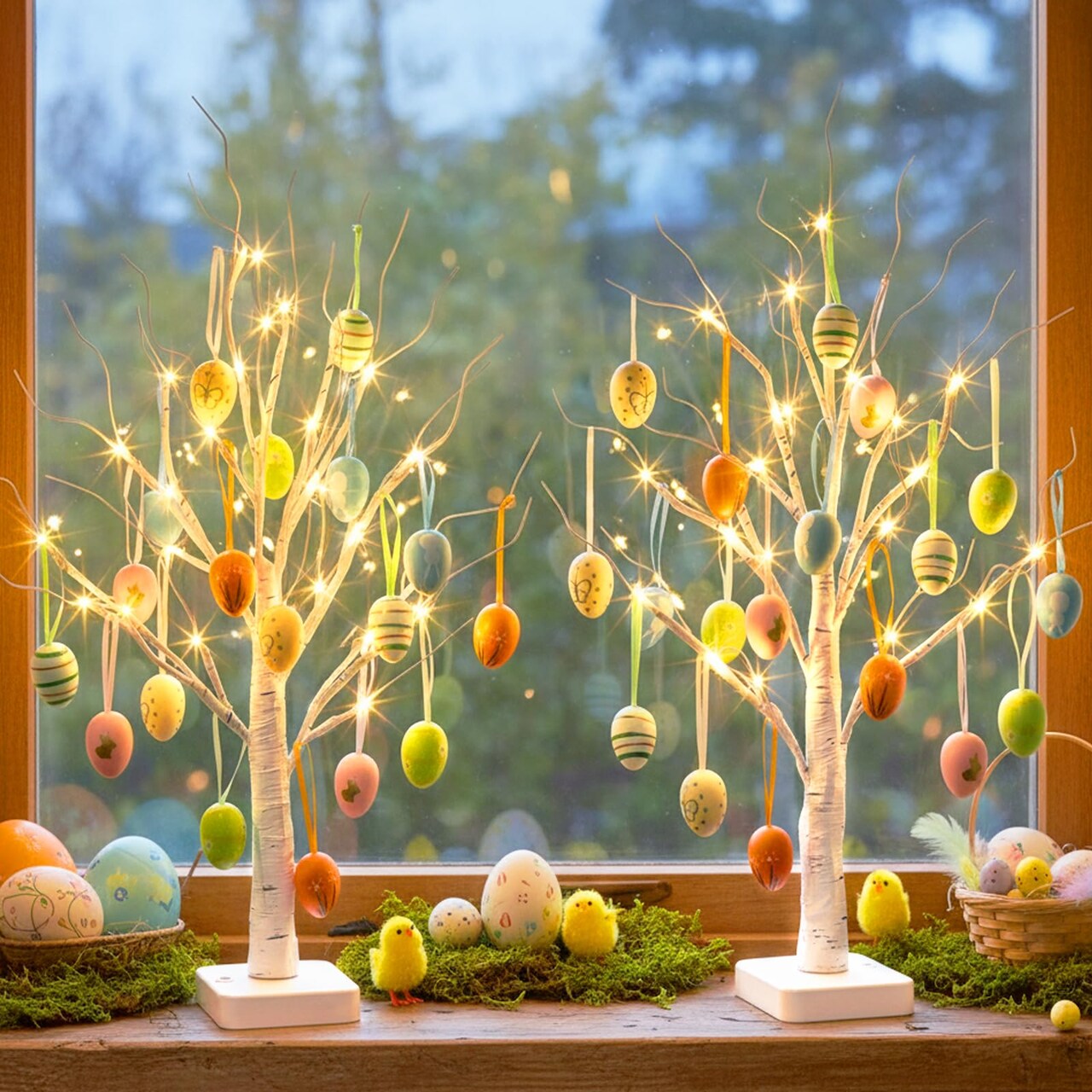 Easter Decorations, Easter Egg Tree with 36 pcs Eggs Ornaments, Lighted White Birch Tree with Timer Battery Powered, for Home Tabletop Centerpiece Spring Indoor Decorations (2 Pack 24 LED)